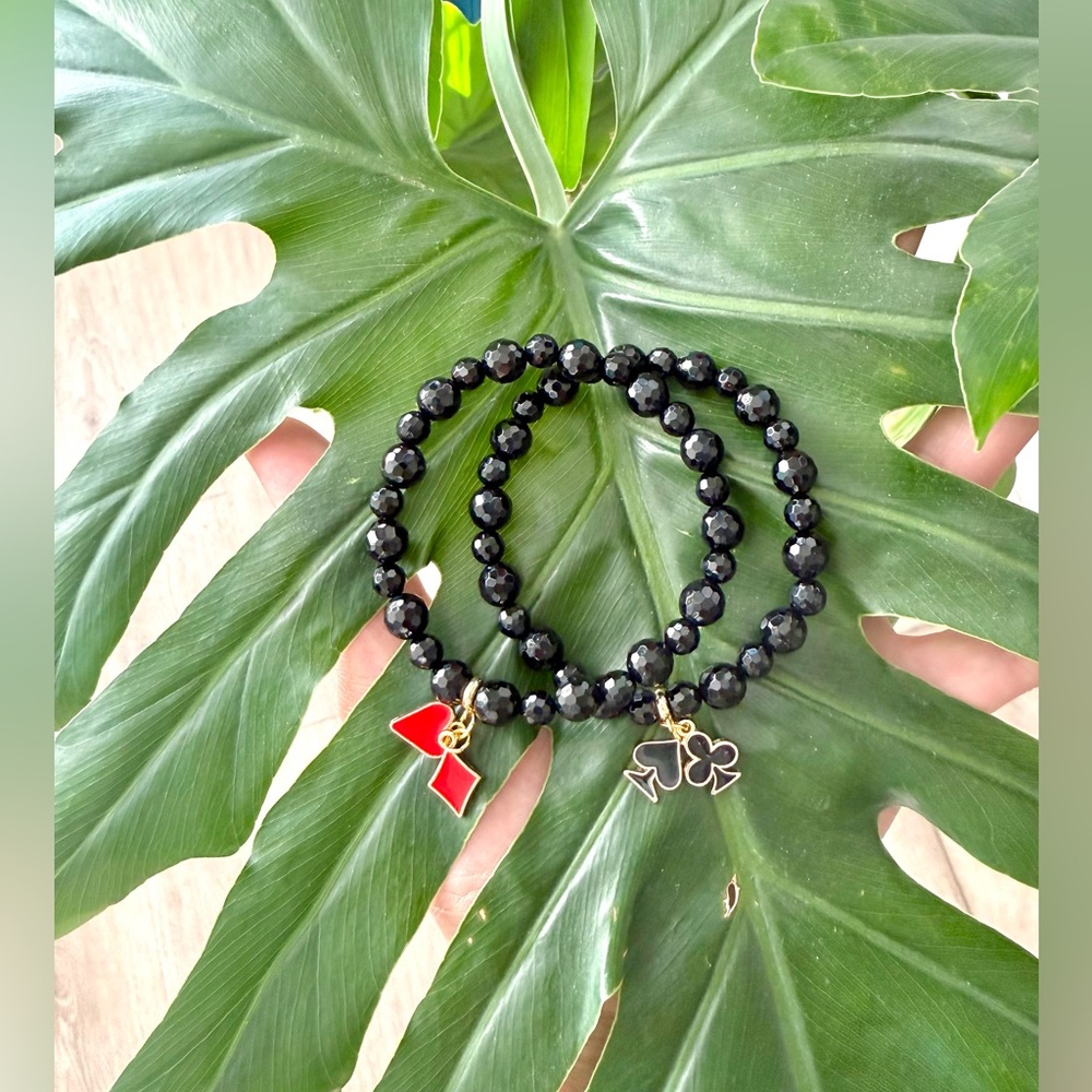 Faceted Black Onyx Bracelet with Card Suit Charms ♣️♦️ (one)